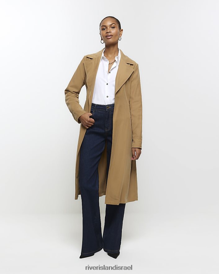 לבוש River Island מעיל טרנץ' עם חגורת קו ארוך בז' נשים BDZ4083966