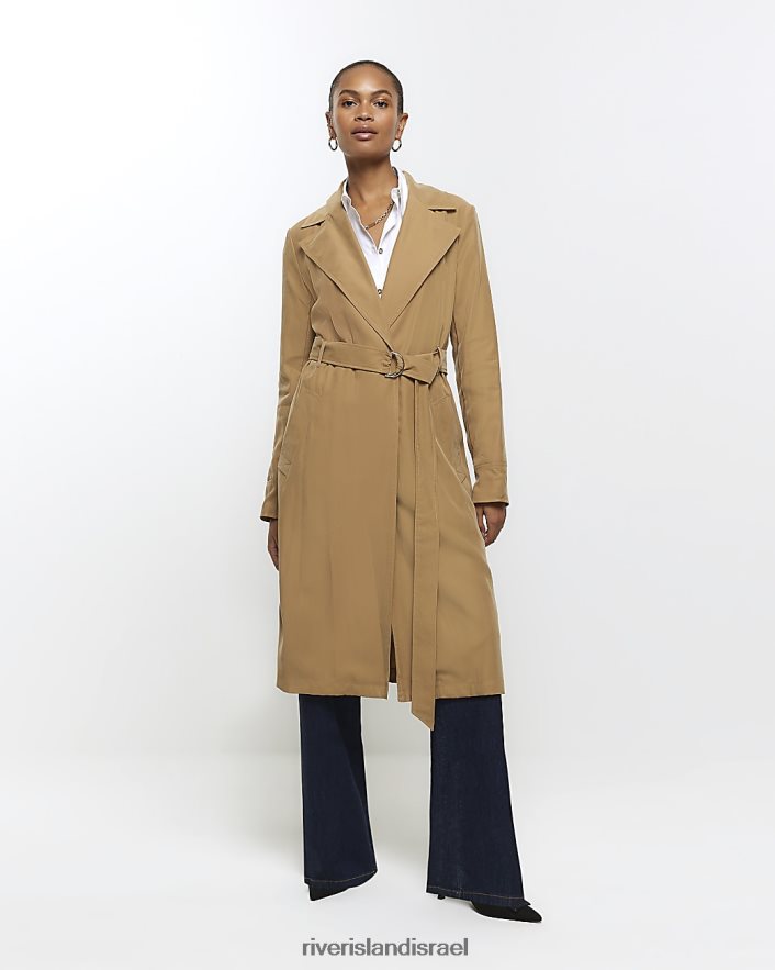 לבוש River Island מעיל טרנץ' עם חגורת קו ארוך בז' נשים BDZ4083966