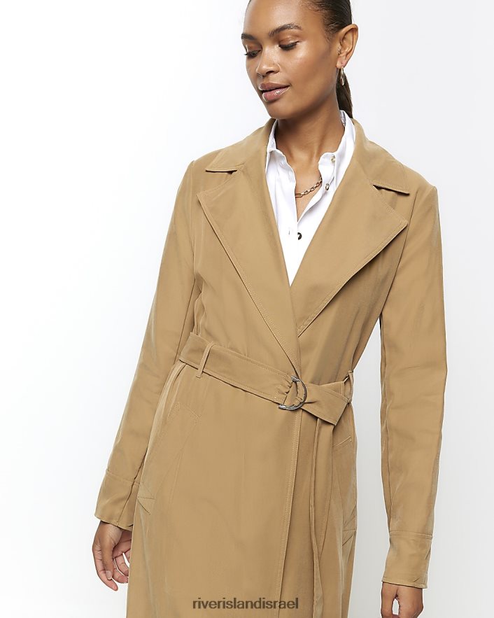 לבוש River Island מעיל טרנץ' עם חגורת קו ארוך בז' נשים BDZ4083966