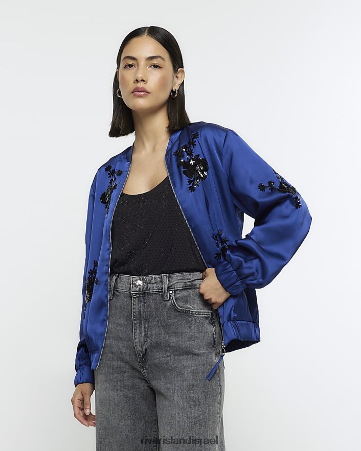 לבוש River Island מעיל בומבר מעוטר סאטן חיל הים נשים BDZ4083972