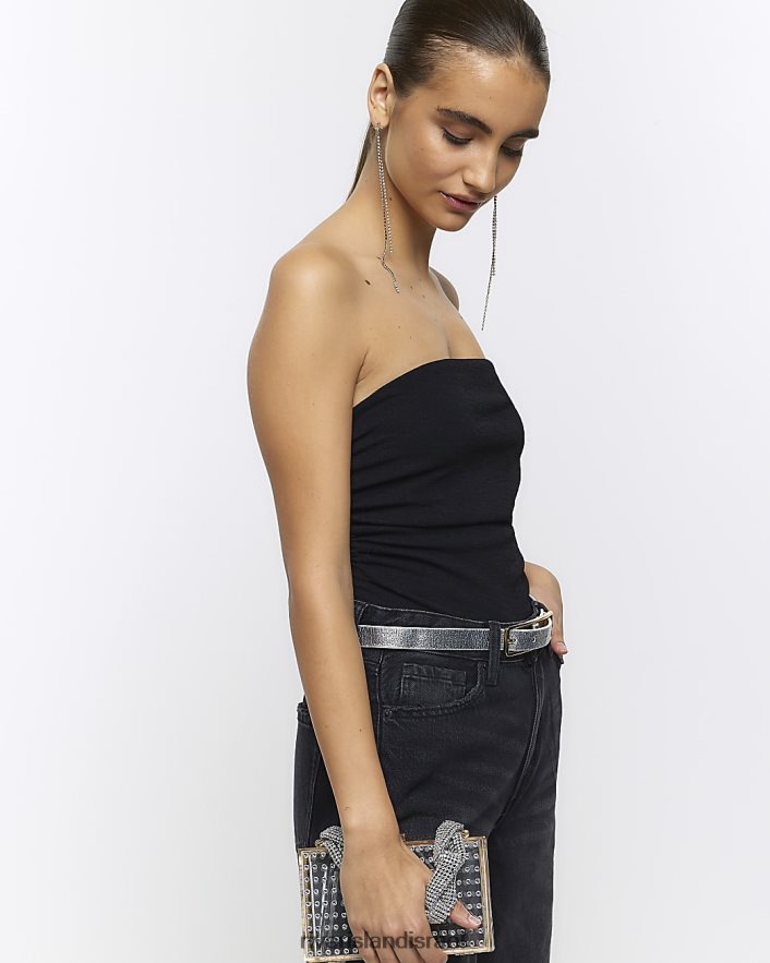 לבוש River Island טופ בנדו מרופט שָׁחוֹר נשים BDZ4083991