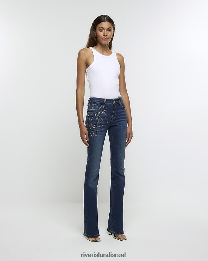 לבוש River Island מכנסי ג'ינס מעוטרים בגזרה גבוהה כְּחוֹל נשים BDZ4083996