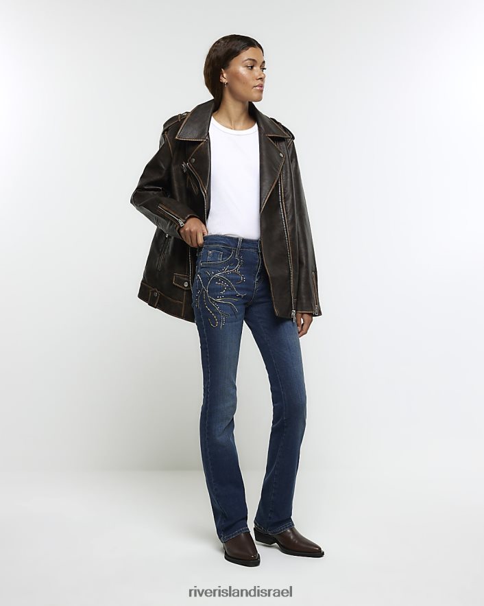 לבוש River Island מכנסי ג'ינס מעוטרים בגזרה גבוהה כְּחוֹל נשים BDZ4083996
