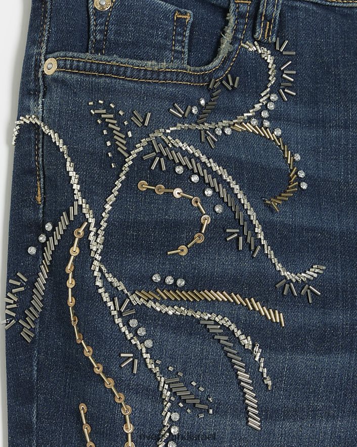 לבוש River Island מכנסי ג'ינס מעוטרים בגזרה גבוהה כְּחוֹל נשים BDZ4083996