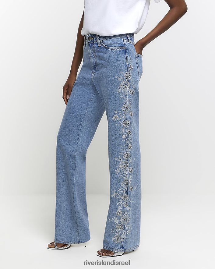 לבוש River Island ג'ינס ישר רגוע רקום כְּחוֹל נשים BDZ4083