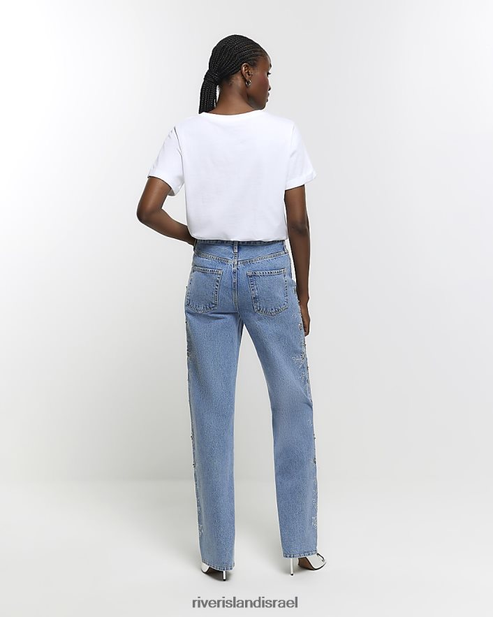 לבוש River Island ג'ינס ישר רגוע רקום כְּחוֹל נשים BDZ4083