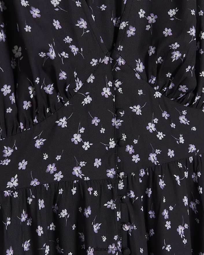 לבוש River Island שמלת מידי פרחונית עם שרוול ארוך שָׁחוֹר נשים BDZ4084013