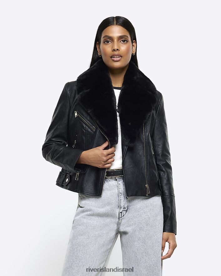 לבוש River Island מעיל אופנוענים צווארון פרווה מלאכותית שָׁחוֹר נשים BDZ4084018