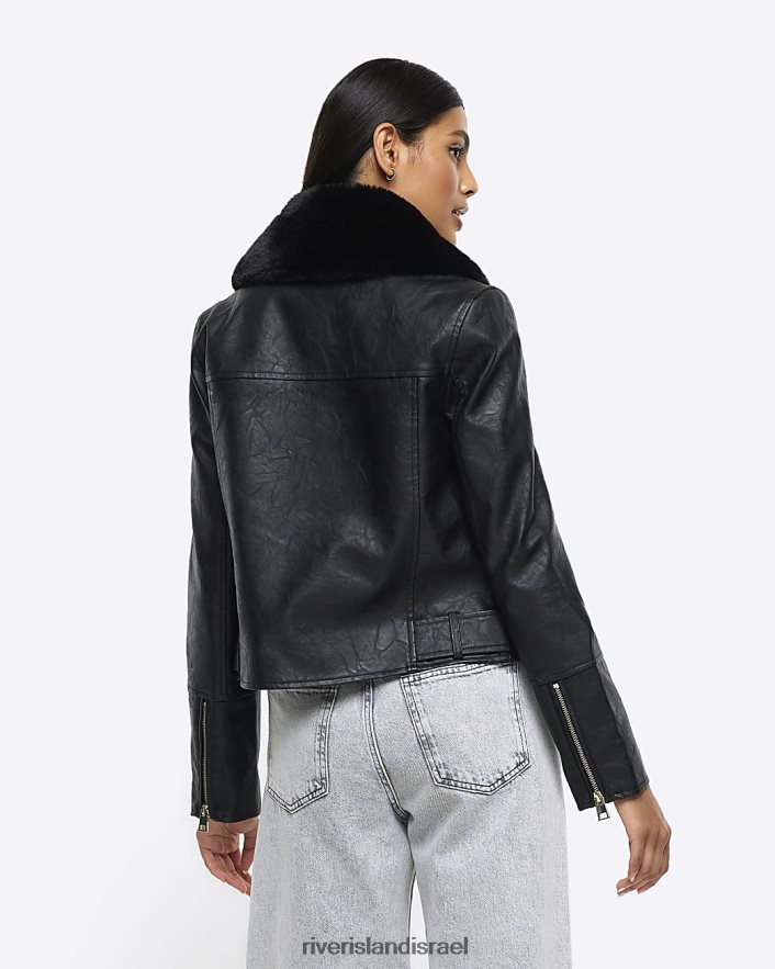 לבוש River Island מעיל אופנוענים צווארון פרווה מלאכותית שָׁחוֹר נשים BDZ4084018