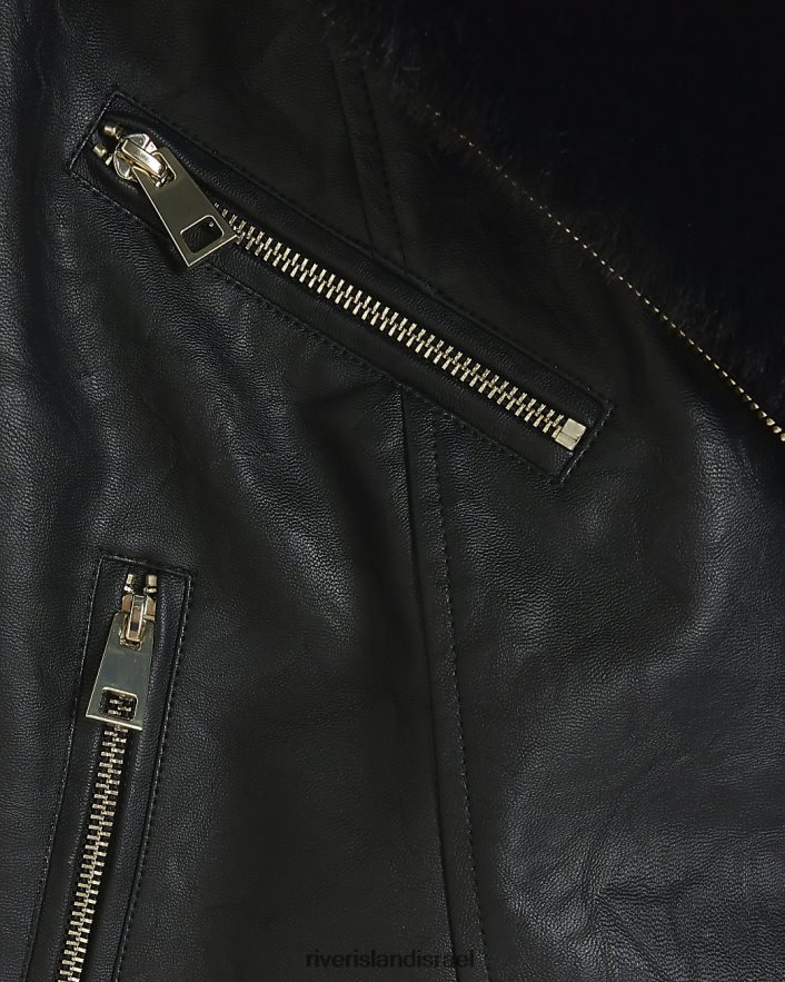 לבוש River Island מעיל אופנוענים צווארון פרווה מלאכותית שָׁחוֹר נשים BDZ4084018