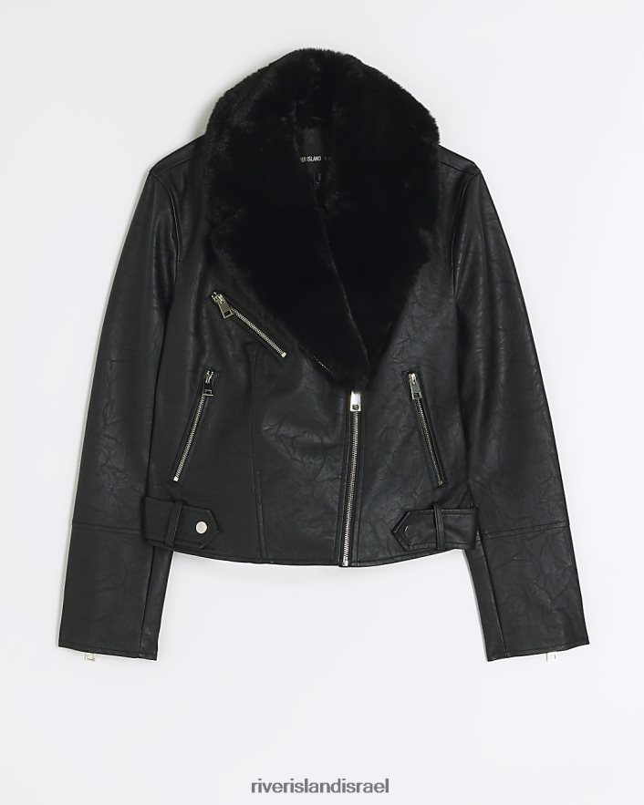 לבוש River Island מעיל אופנוענים צווארון פרווה מלאכותית שָׁחוֹר נשים BDZ4084018