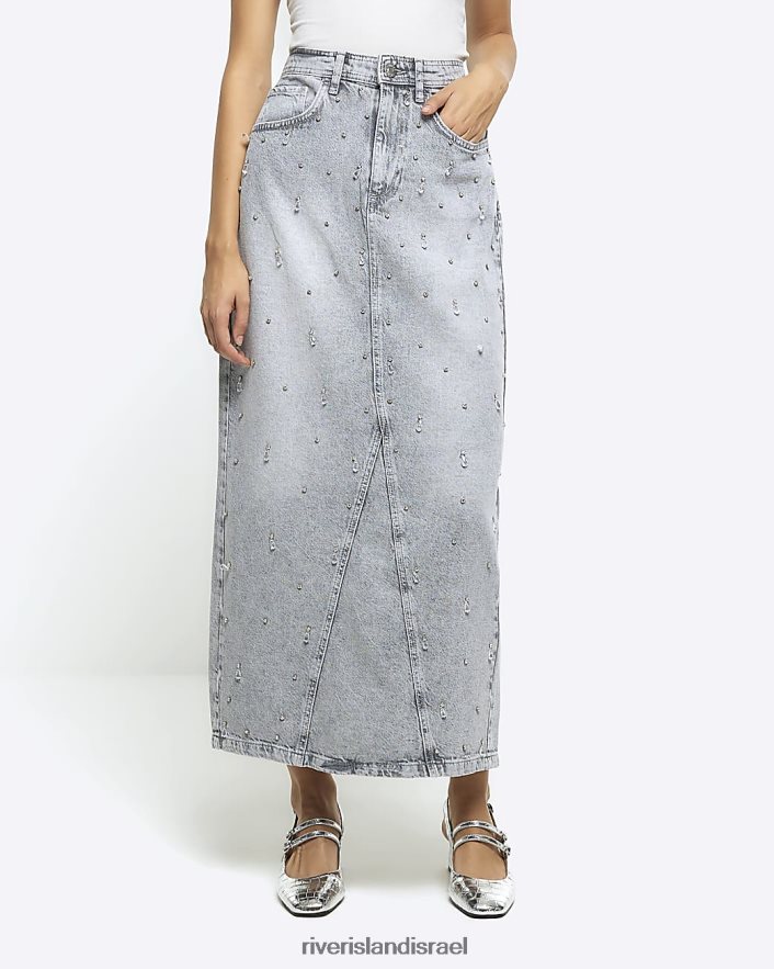 לבוש River Island חצאית מקסי מג'ינס מעוטרת אפור נשים BDZ4084023