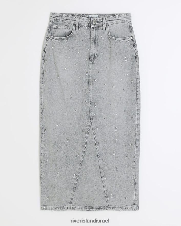 לבוש River Island חצאית מקסי מג'ינס מעוטרת אפור נשים BDZ4084023