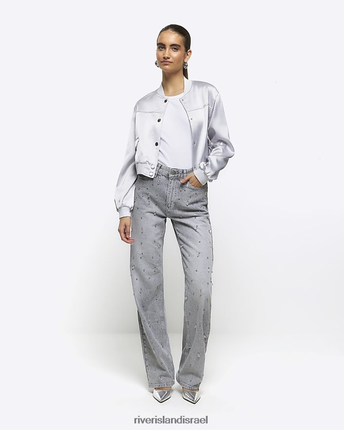 לבוש River Island מעיל בומבר מחויט סאטן כסף נשים BDZ4084026