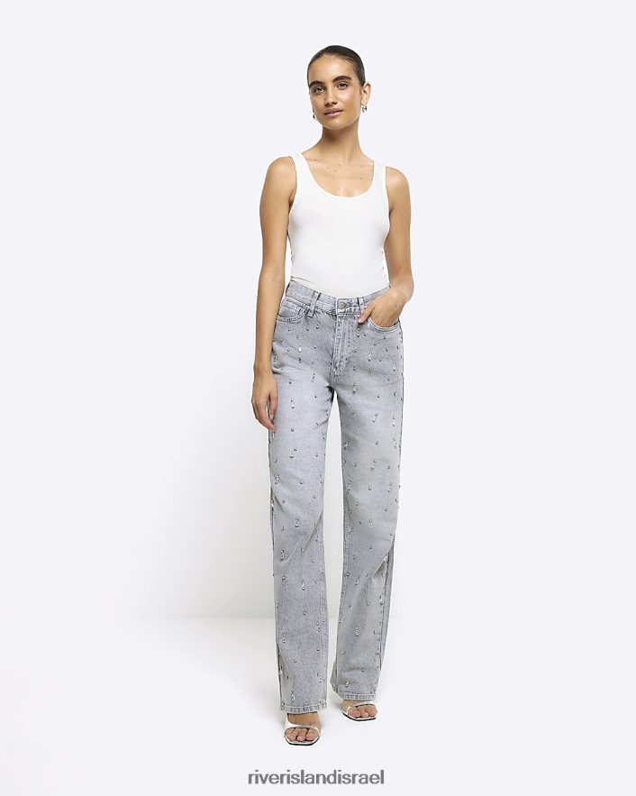 לבוש River Island ג'ינס ישר רגוע מעוטר אפור נשים BDZ4084028