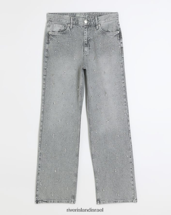 לבוש River Island ג'ינס ישר רגוע מעוטר אפור נשים BDZ4084028