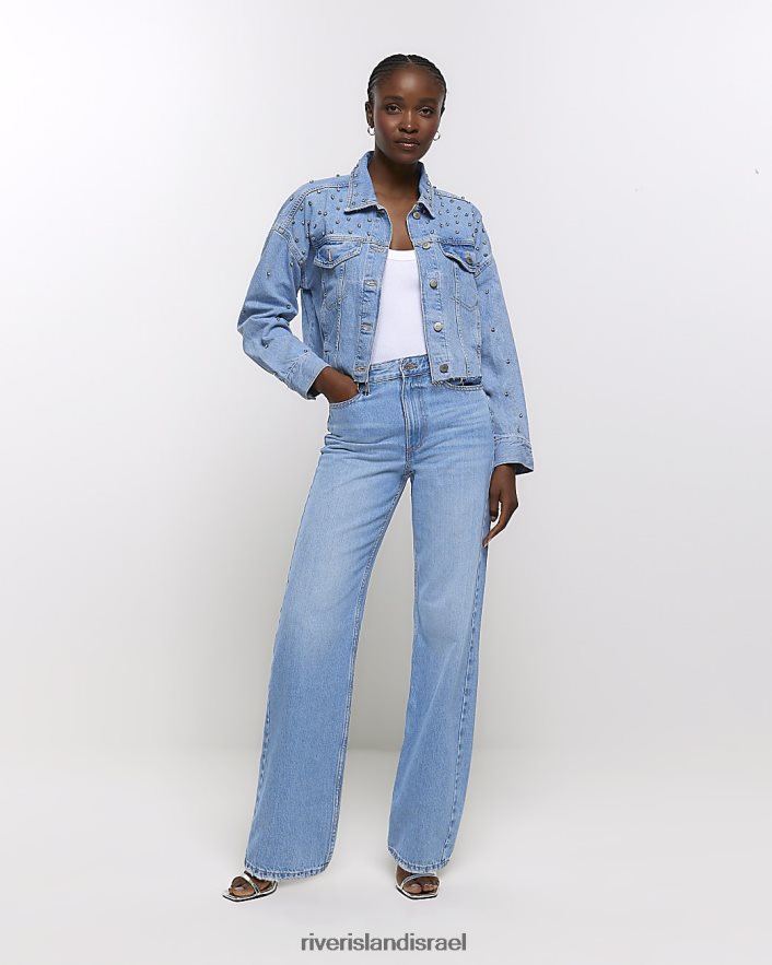 לבוש River Island ז'קט ג'ינס מעוטר קרופ כְּחוֹל נשים BDZ4084041