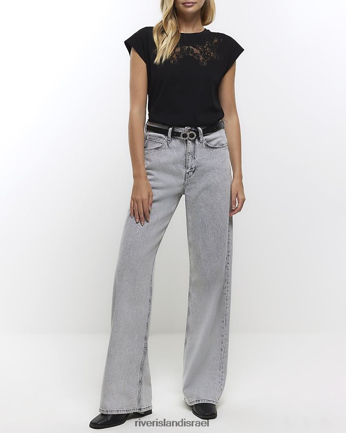 לבוש River Island חולצת טריקו פרט תחרה שָׁחוֹר נשים BDZ4084042