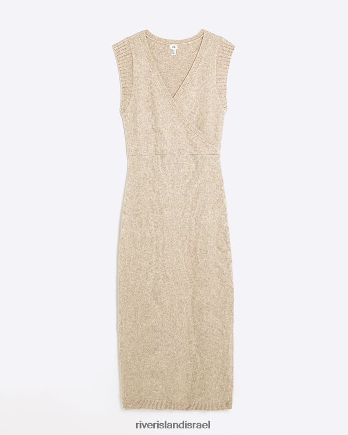 לבוש River Island שמלת מידי מגשרה מעטפת סרוגה בז' נשים BDZ4084049