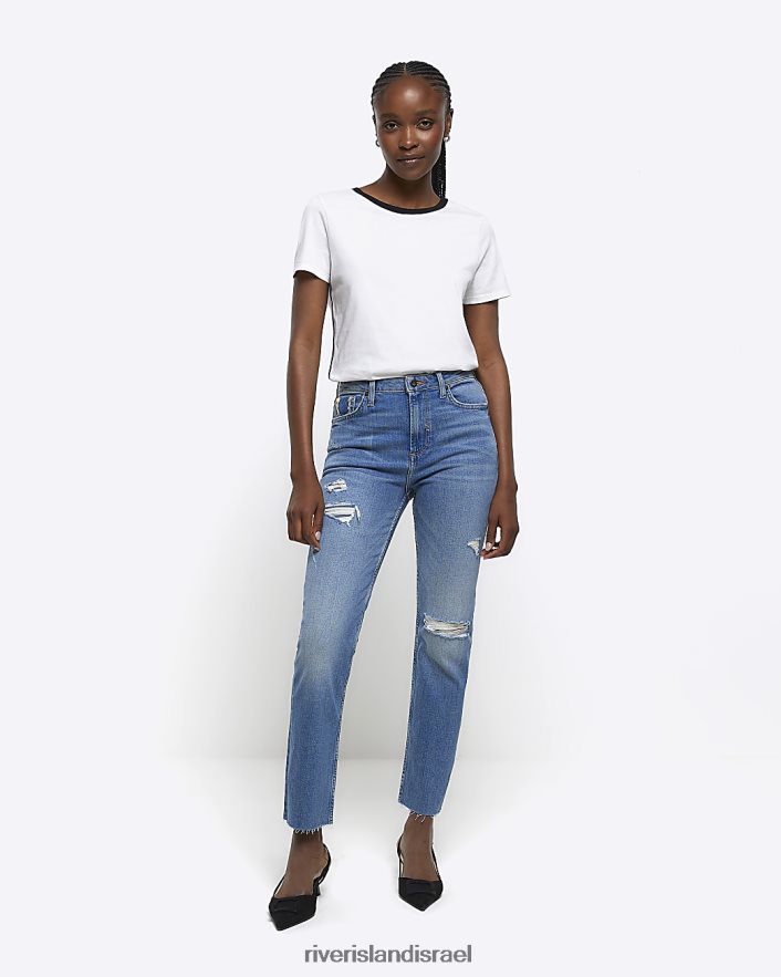 לבוש River Island ג'ינס קרוע בגזרה גבוהה כְּחוֹל נשים BDZ4084059