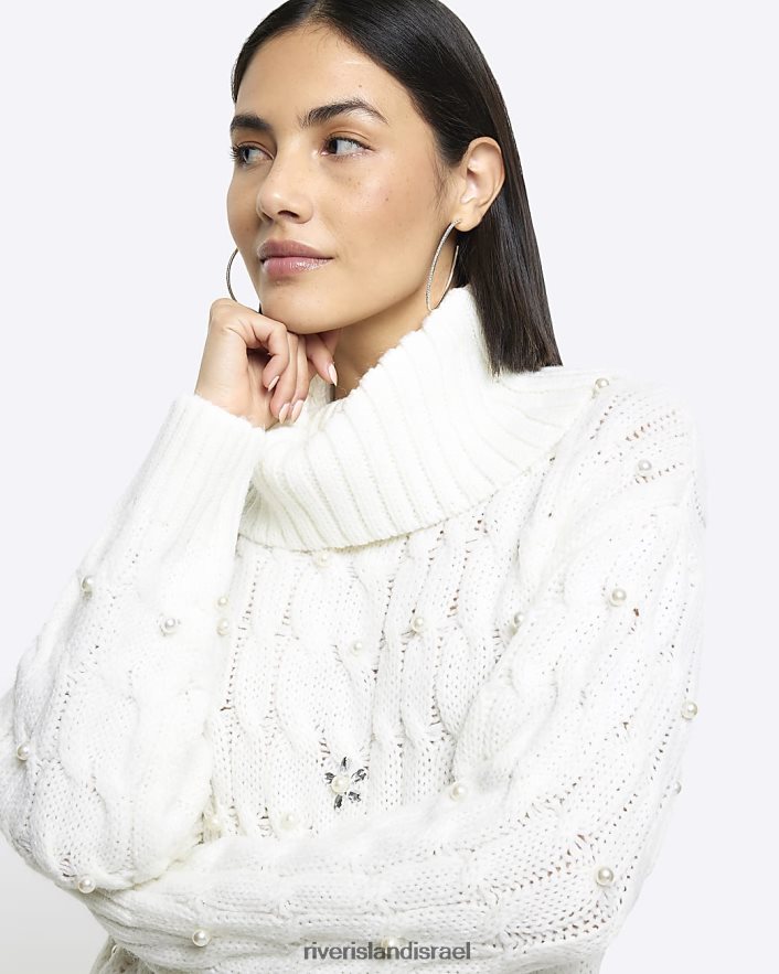 לבוש River Island שמלת מיני סריג פנינה בכבלים קרם נשים BDZ4084076