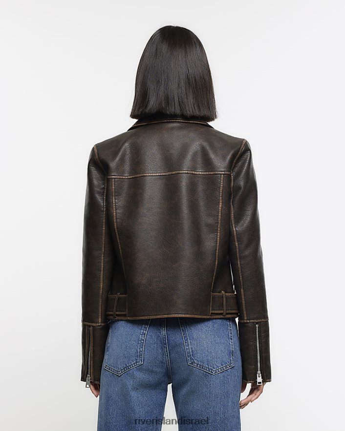 לבוש River Island מעיל אופנוענים במצוקה מעור מלאכותי חום נשים BDZ4084109