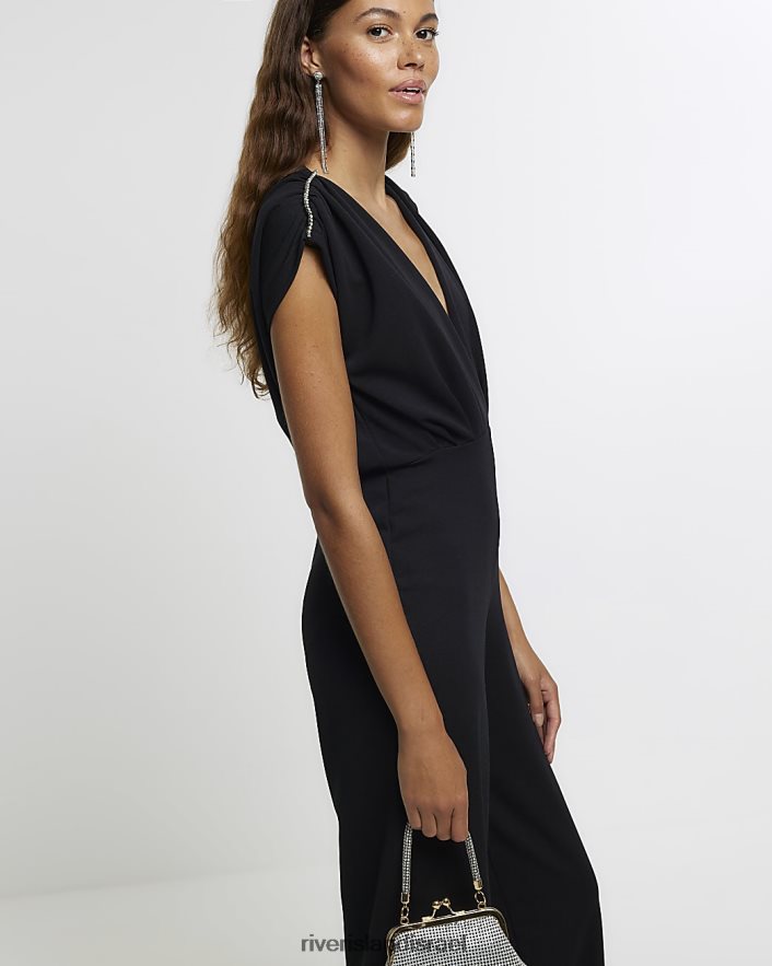 לבוש River Island סרבל רגליים רחב מעוטר שָׁחוֹר נשים BDZ4084119