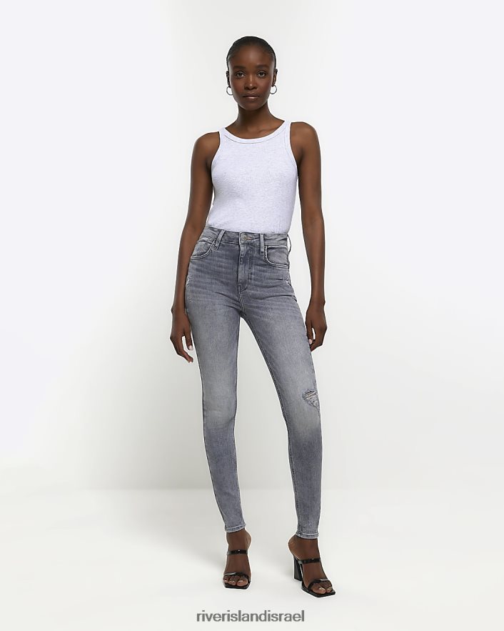 לבוש River Island ג'ינס סופר סקיני קרוע בגזרה גבוהה אפור נשים BDZ4084132
