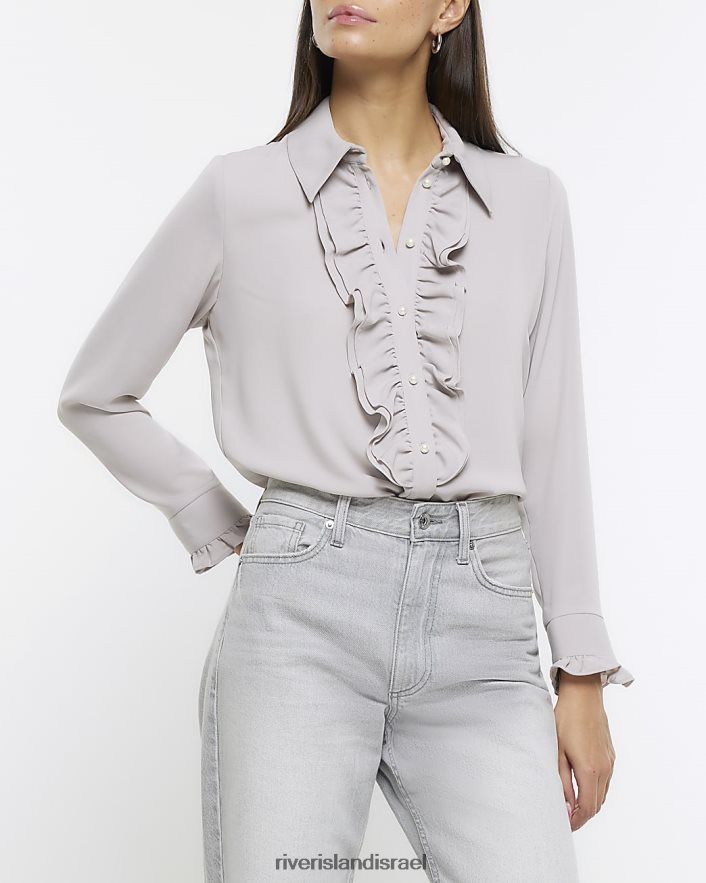 לבוש River Island חולצת סלסולים עם שרוולים ארוכים אפור נשים BDZ4084133
