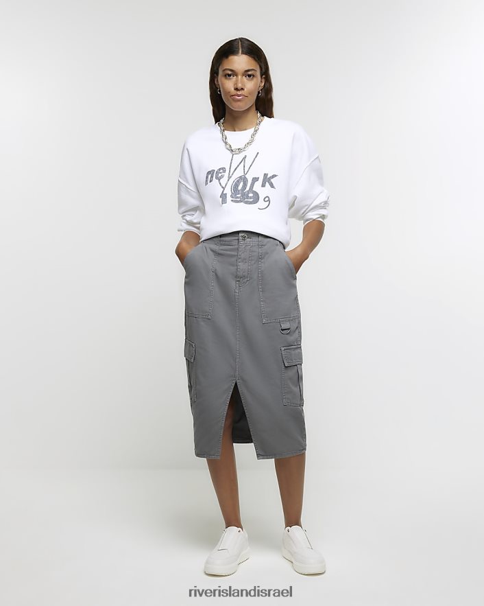 לבוש River Island חצאית ג'ינס מידי מטען שטופה אפור נשים BDZ4084143