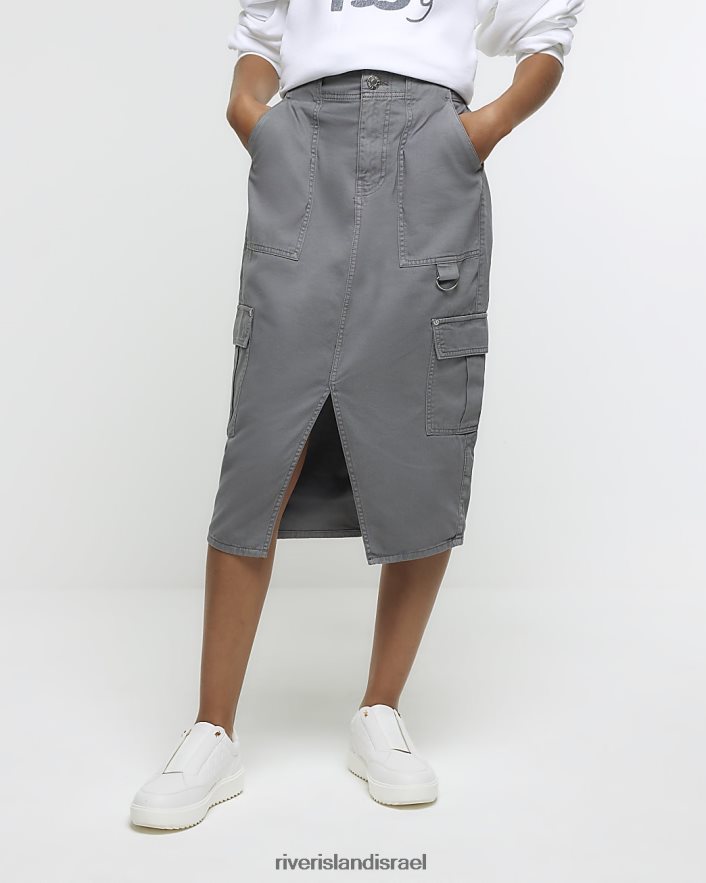 לבוש River Island חצאית ג'ינס מידי מטען שטופה אפור נשים BDZ4084143