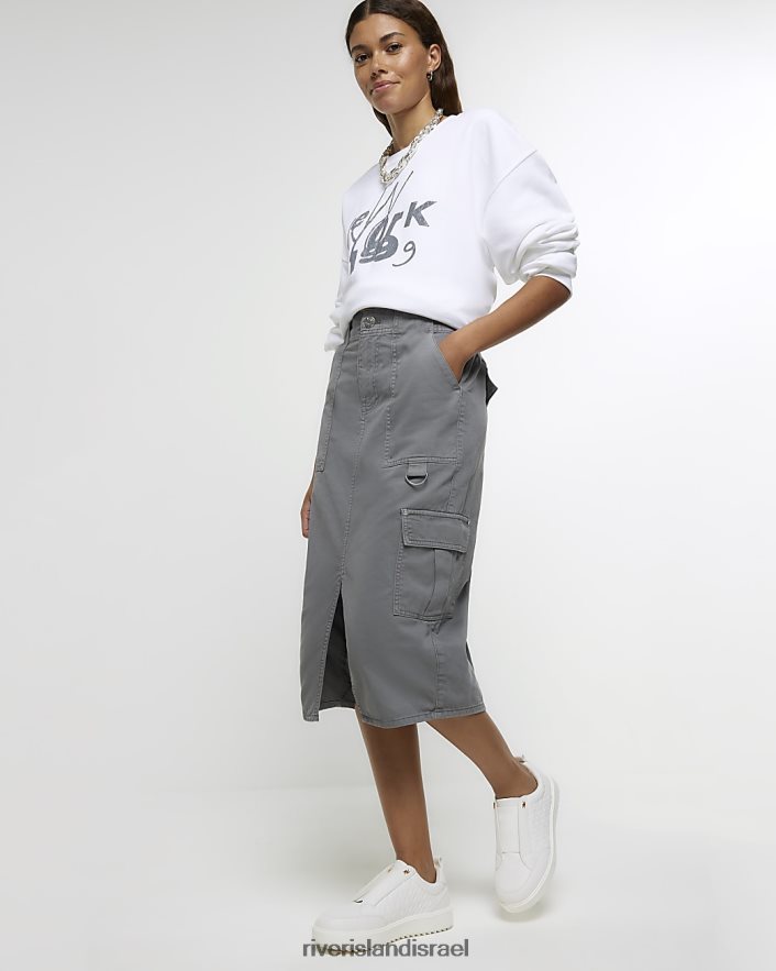 לבוש River Island חצאית ג'ינס מידי מטען שטופה אפור נשים BDZ4084143