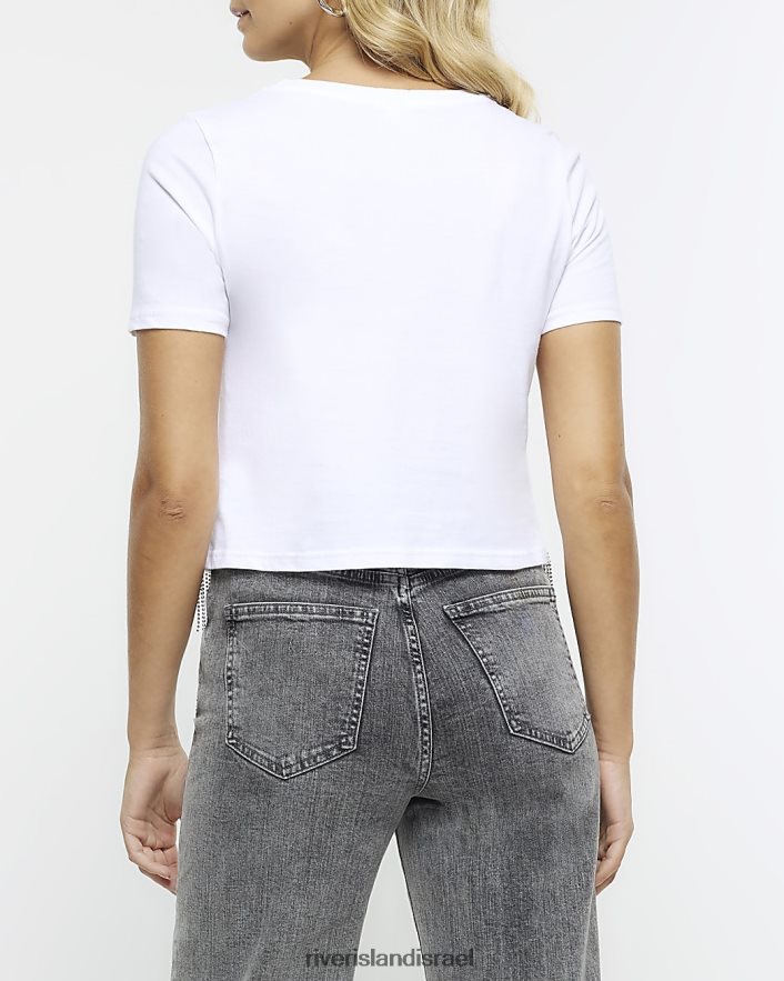 לבוש River Island חולצת טריקו עם עיטור יהלומים לבן נשים BDZ408415