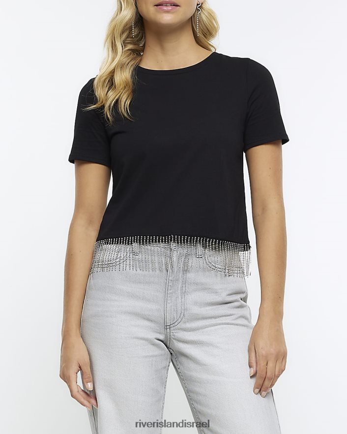 לבוש River Island חולצת טריקו עם עיטור יהלומים שָׁחוֹר נשים BDZ408416