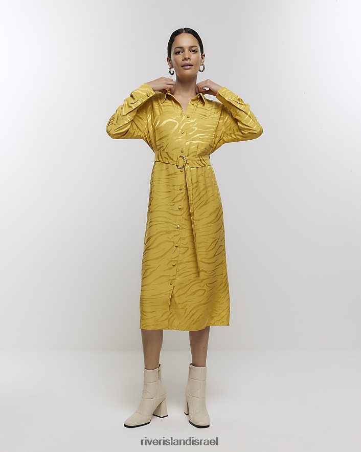 לבוש River Island שמלת חולצת מידי חגורה צהוב נשים BDZ4084164