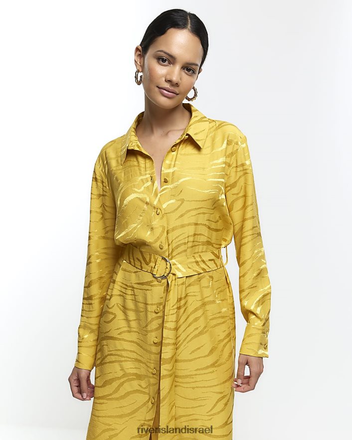 לבוש River Island שמלת חולצת מידי חגורה צהוב נשים BDZ4084164