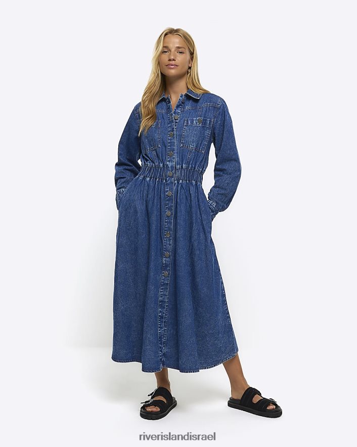 לבוש River Island שמלת מידי של חולצת ג'ינס כְּחוֹל נשים BDZ4084165
