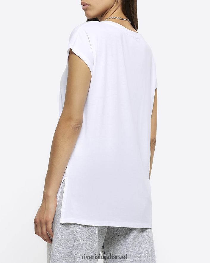 לבוש River Island חולצת טריקו מכפלת מפוצלת לבן נשים BDZ4084167
