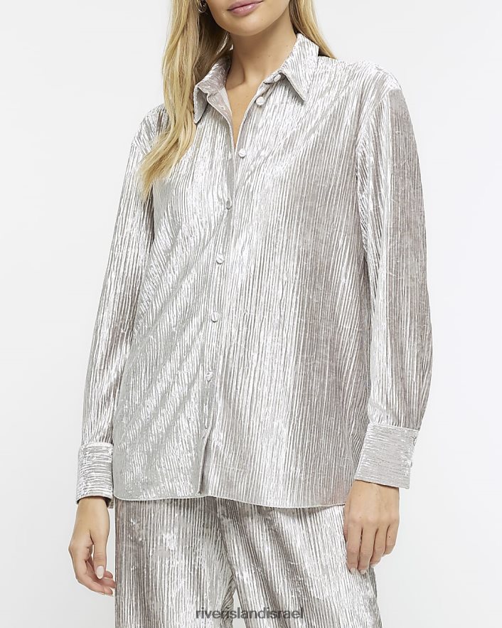 לבוש River Island חולצה עם שרוולים ארוכים מקטיפה מרוסקת כסף נשים BDZ4084173