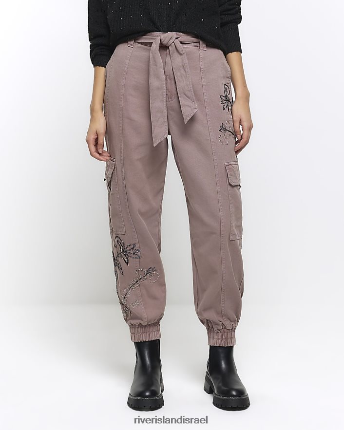 לבוש River Island מכנסי מטען רקומים עם חגורה וָרוֹד נשים BDZ4084176