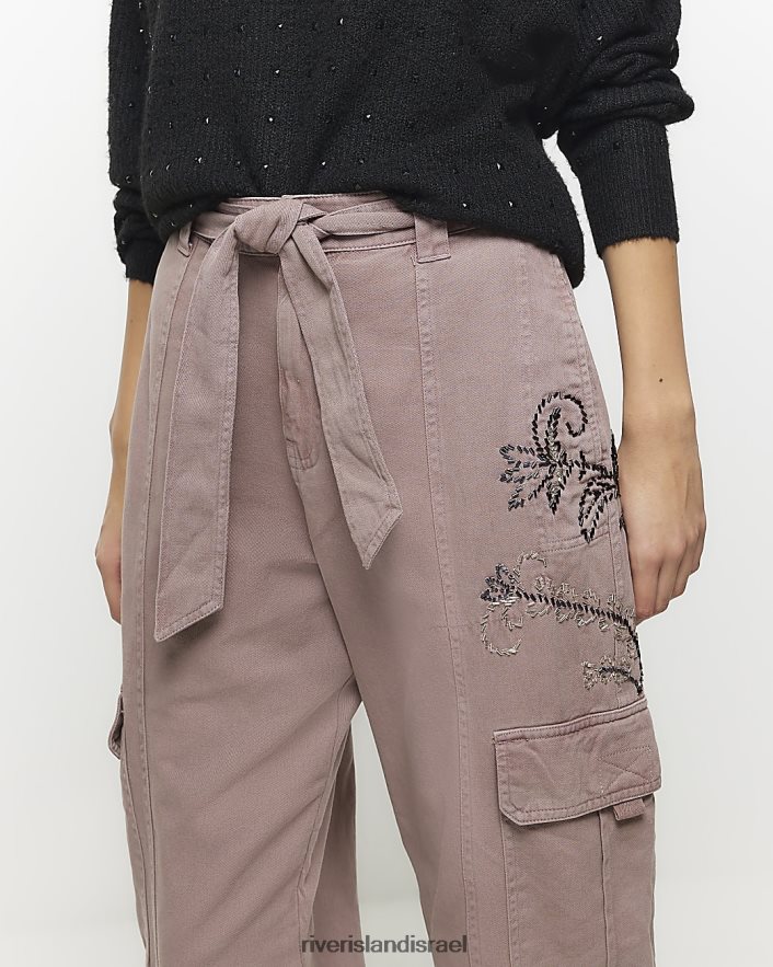 לבוש River Island מכנסי מטען רקומים עם חגורה וָרוֹד נשים BDZ4084176