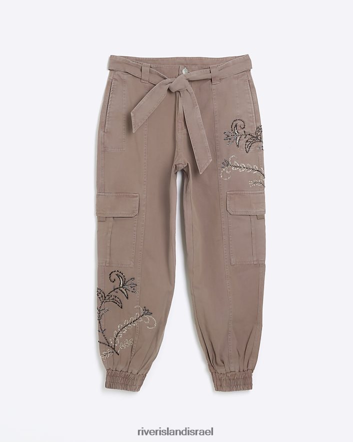 לבוש River Island מכנסי מטען רקומים עם חגורה וָרוֹד נשים BDZ4084176