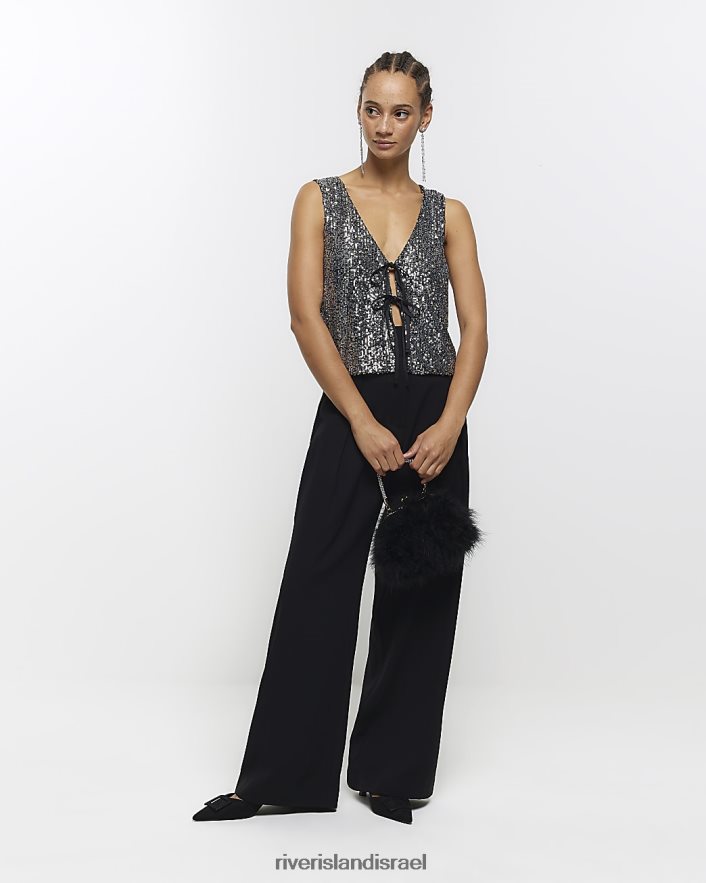 לבוש River Island חזייה קדמית עם קשירת נצנצים שָׁחוֹר נשים BDZ408417