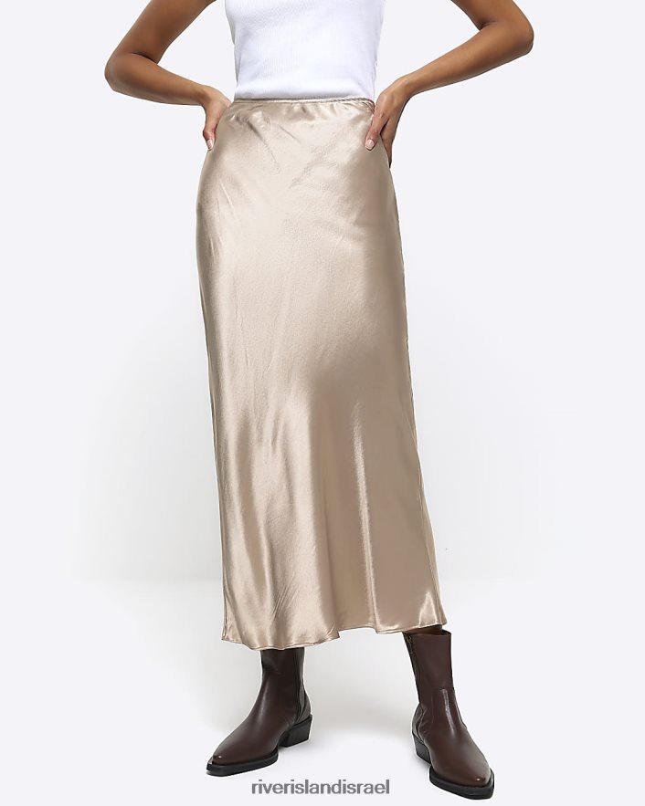 לבוש River Island חצאית מקסי סאטן זהב נשים BDZ40841
