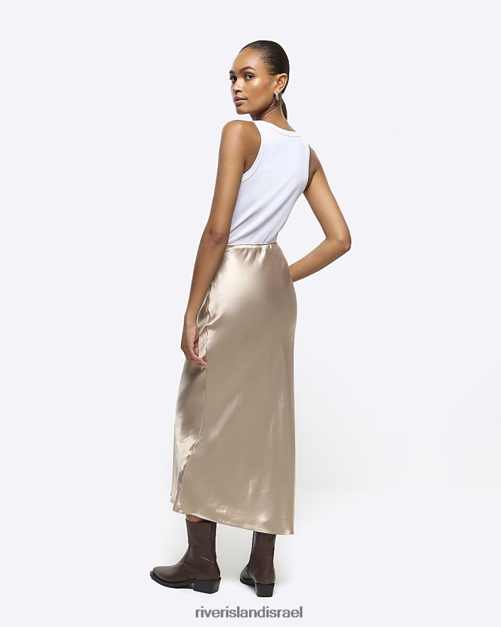 לבוש River Island חצאית מקסי סאטן זהב נשים BDZ40841