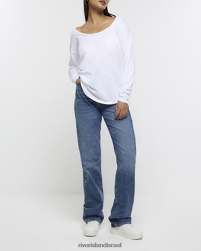 לבוש River Island טופ עם שרוולים ארוכים עם צווארון לבן נשים BDZ4084217