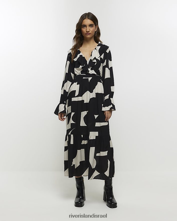 לבוש River Island שמלת מקסי עם סלסול גיאומטרי שָׁחוֹר נשים BDZ4084220
