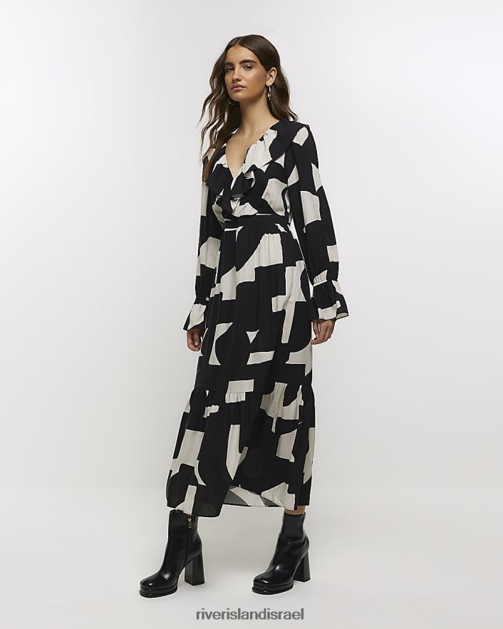לבוש River Island שמלת מקסי עם סלסול גיאומטרי שָׁחוֹר נשים BDZ4084220