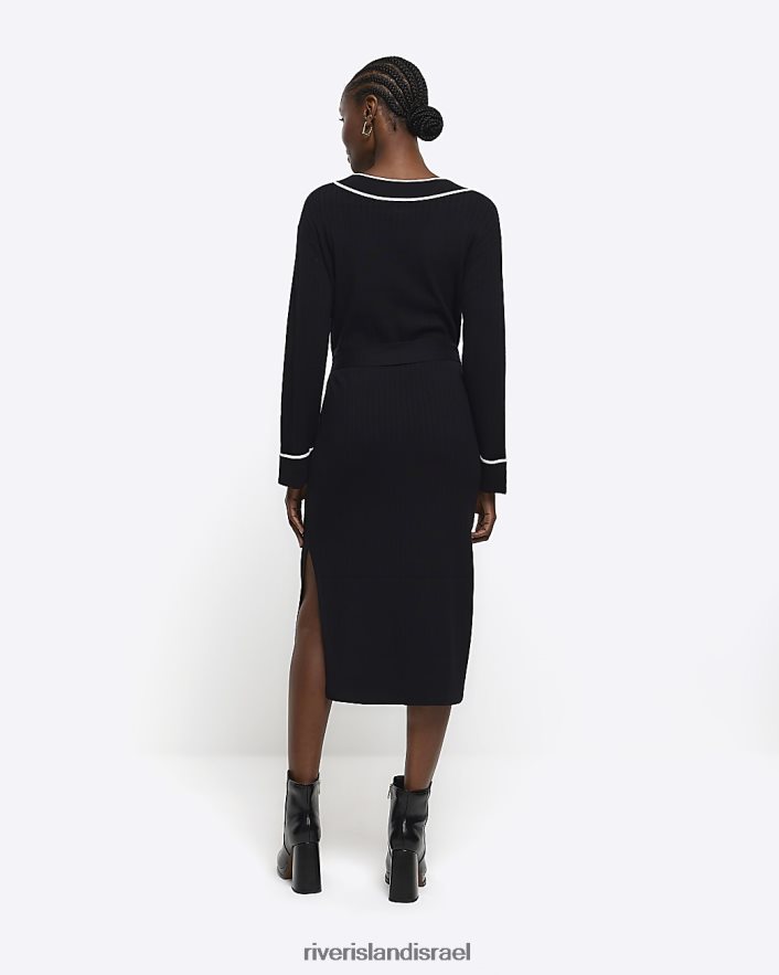 לבוש River Island שמלת מידי סרוגה בגזרת מותניים שָׁחוֹר נשים BDZ4084221