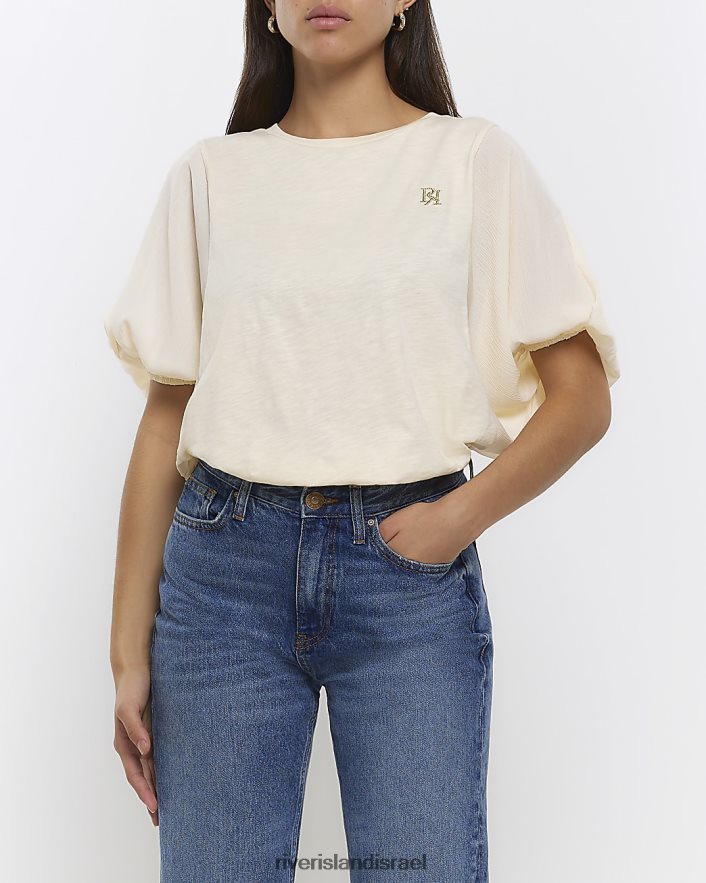 לבוש River Island חולצת טריקו עם שרוול בלון בז' נשים BDZ4084224